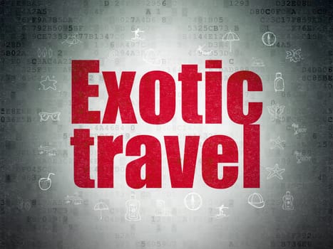 Travel concept: Painted red text Exotic Travel on Digital Data Paper background with  Hand Drawn Vacation Icons