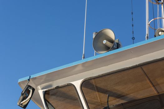Megaphone, loudspeaker on the roof of the Rhine ferry at Dormagen Zons in Germany.
