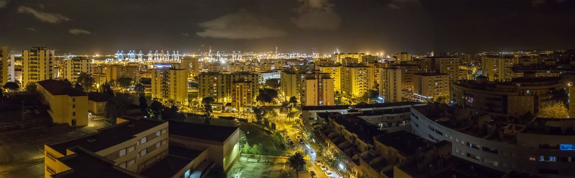 Panoramic night view of Algeciras, the port and the rock of gibraltar, Cadiz, Spain