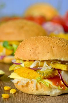 Homemade burger on the wooden table