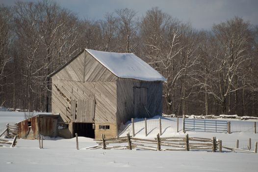 Snowy old  barn on a sunny day. Barnboards run diagonally and are grey, old and weathered. Shows some fence and  boards and barnyard and snow.