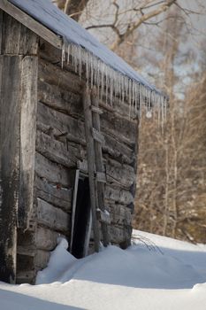 Wintertime snowy old pioneer log cabin barn with icicles. Sunny day.