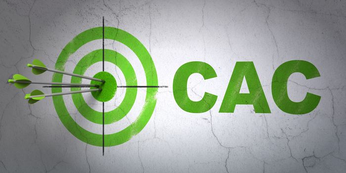 Success Stock market indexes concept: arrows hitting the center of target, Green CAC on wall background, 3D rendering