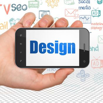 Advertising concept: Hand Holding Smartphone with  blue text Design on display,  Hand Drawn Marketing Icons background, 3D rendering