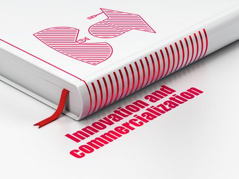 Science concept: closed book with Red Student icon and text Innovation And Commercialization on floor, white background, 3D rendering