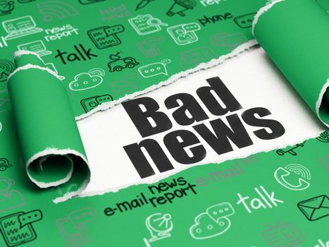 News concept: black text Bad News under the curled piece of Green torn paper with  Hand Drawn News Icons, 3D rendering