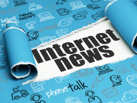 News concept: black text Internet News under the curled piece of Blue torn paper with  Hand Drawn News Icons, 3D rendering