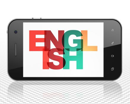 Education concept: Smartphone with Painted multicolor text English on display, 3D rendering