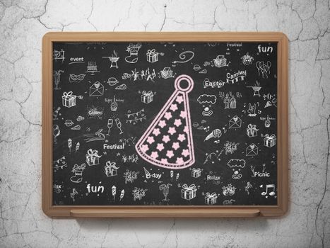 Entertainment, concept: Chalk Pink Party Hat icon on School board background with  Hand Drawn Holiday Icons, 3D Rendering