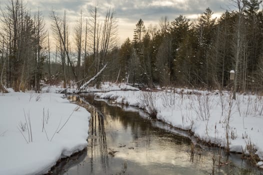 Wintry landscape of river, trees, snow and reflections