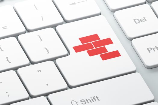 Constructing concept: Enter button with Bricks on computer keyboard background, 3D rendering