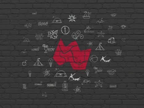 Vacation concept: Painted red Map icon on Black Brick wall background with  Hand Drawn Vacation Icons