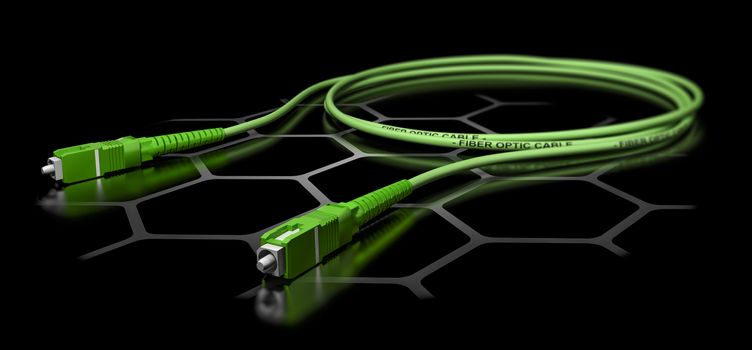 3D illustration of a green fiber optic patch cord over black background. Broadband network equipment