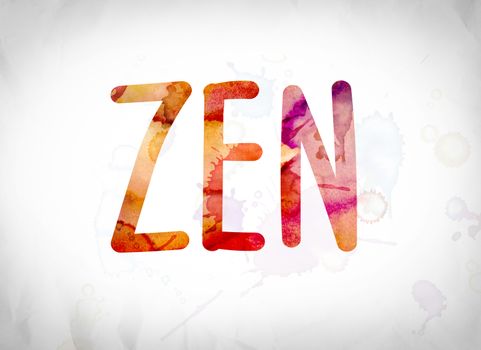 The word "Zen" written in watercolor washes over a white paper background concept and theme.