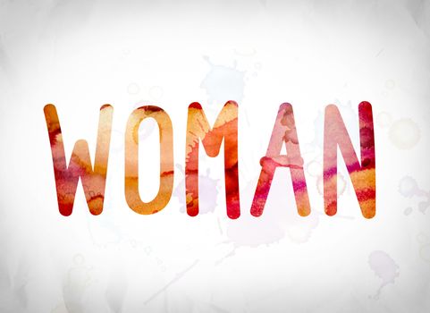 The word "Woman" written in watercolor washes over a white paper background concept and theme.