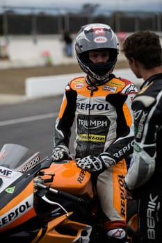 MELBOURNE/AUSTRALIA - OCTOBER 1, 2016: Supersport rider Mark Chiodo getting ready for qualifying at the YMF Australian Superbiike Championshihp Round 6 at Winton Raceway, October 1, 2016.