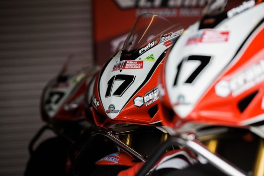 MELBOURNE/AUSTRALIA - OCTOBER 1, 2016: Some of the Supersport bikes getting ready for qualifying at the YMF Australian Superbiike Championshihp Round 6 at Winton Raceway, October 1, 2016.