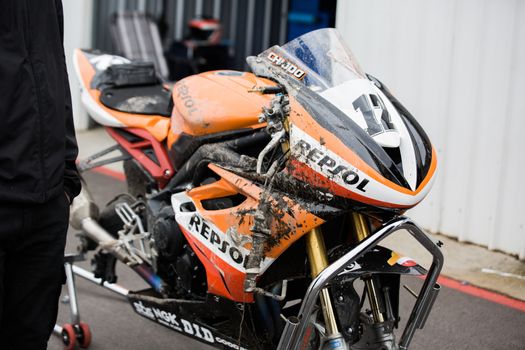MELBOURNE/AUSTRALIA - OCTOBER 1, 2016: Repsol Triumph's entry, Mark Chiodo (12) after a major crash on turn 10 at the YMF Australian Superbiike Championshihp Round 6 at Winton Raceway, October 1, 2016.