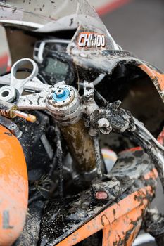 MELBOURNE/AUSTRALIA - OCTOBER 1, 2016: Repsol Triumph's entry, Mark Chiodo (12) after a major crash on turn 10 at the YMF Australian Superbiike Championshihp Round 6 at Winton Raceway, October 1, 2016.