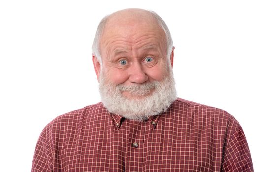 Handsome bald and bearded senior man shows surprised smile grimace or facial expression, isolated on white background