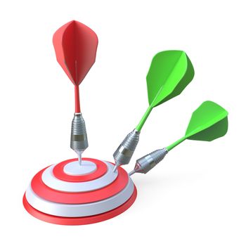 Darts hitting a target 3D render illustration isolated on white background