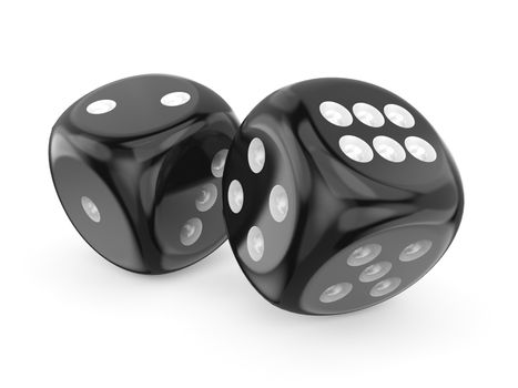 Black game dices 3D render illustration isolated on white background