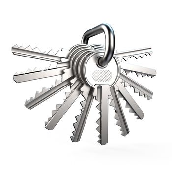 Pile of keys, side view 3D render illustration isolated on white background