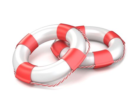 Two white life buoys 3D render illustration isolated on white background