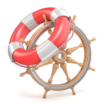 Wooden ship wheel and life buoy 3D render illustration isolated on white background