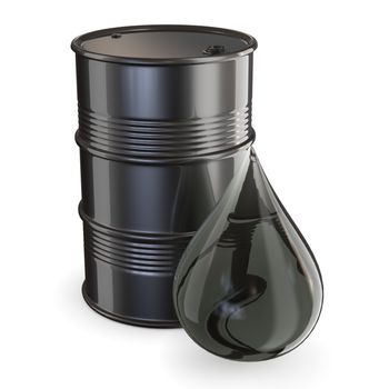 Black barrel and giant oil drop 3D render illustration isolated on white background