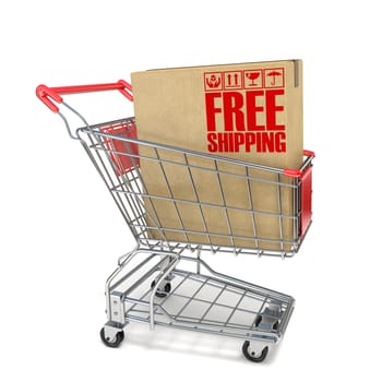 Red shopping cart with cardboard box and free shipping sign 3D render illustration isolated on white background