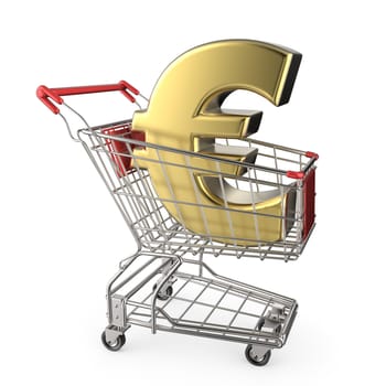 Red shopping cart with golden euro currency sign 3D render illustration isolated on white background