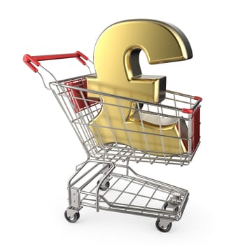 Red shopping cart with golden pound currency sign 3D render illustration isolated on white background