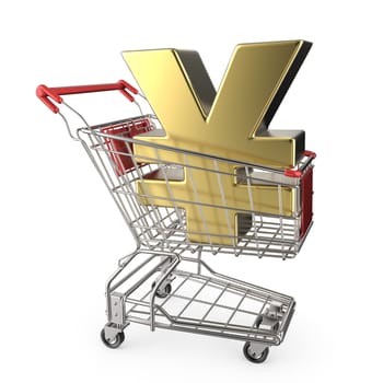 Red shopping cart with golden Japanese yen currency sign 3D render illustration isolated on white background