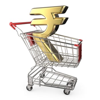 Red shopping cart with golden Indian rupee currency sign 3D render illustration isolated on white background