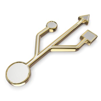 USB 3d golden sign isolated on white background. Side view
