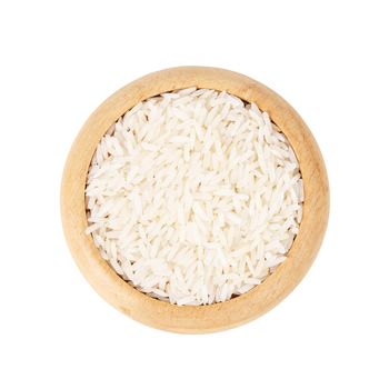 Raw white rice in wooden dish isolated on white background. save clipping path.