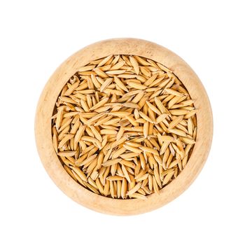 Paddy rice in wooden dish isolated on white background, Save clipping path.