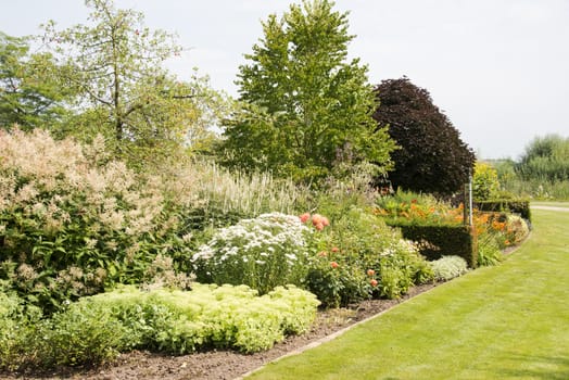 big english landscape garden with plants trees and flowers in summer