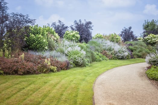 big english landscape garden with plants trees and flowers in summer