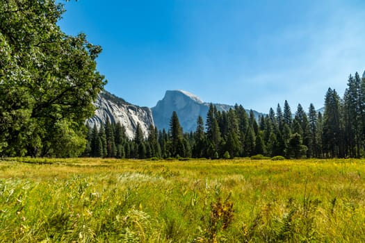 Half Dome is a granite dome at the eastern end of Yosemite Valley in Yosemite National Park, California. It is a well-known rock formation in the park, named for its distinct shape. One side is a sheer face while the other three sides are smooth and round, making it appear like a dome cut in half. The granite crest rises more than 4,737 ft above the valley floor.