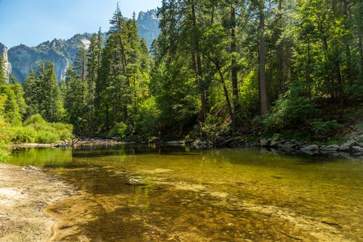 The Merced River in Yosemite Valley as it flows from the Sierra Nevada to the San Joaquin Valley.