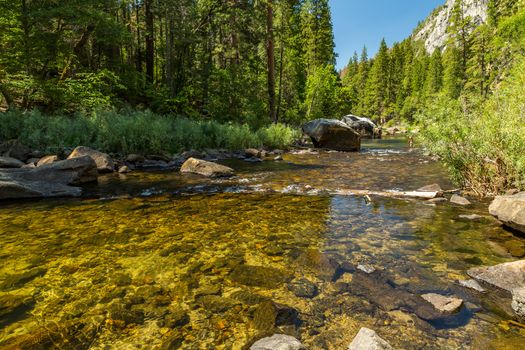 The Merced River in Yosemite Valley as it flows from the Sierra Nevada to the San Joaquin Valley.