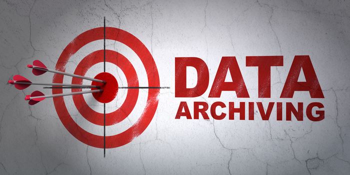 Success Information concept: arrows hitting the center of target, Red Data Archiving on wall background, 3D rendering