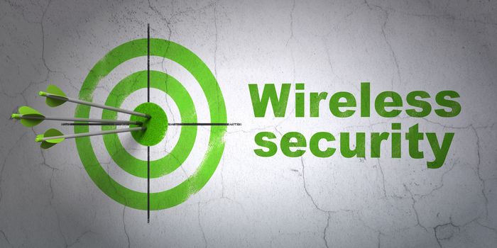 Success security concept: arrows hitting the center of target, Green Wireless Security on wall background, 3D rendering