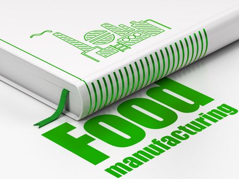 Manufacuring concept: closed book with Green Oil And Gas Indusry icon and text Food Manufacturing on floor, white background, 3D rendering