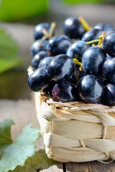 grapes in a basket on wooden background