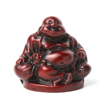 Netsuke happy fat man with a bag and a rosary. Isolated. A miniature sculpture, which was used as a button-like trinket in traditional Japanese clothes kimono kosode, which was devoid of pockets.