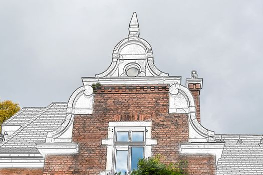 Drawing gable view of an old villa from the start-up period with various historicizing styles.