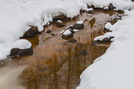 A reflection of trees in Minnehaha Creek in Winter.